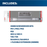 Bosch 11-piece screwdriver bit set with metal flexible extension (200mm), Extra Hard